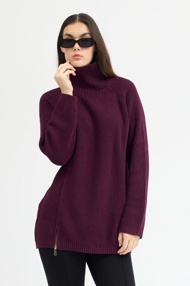 Bordo fermuarlı kazak