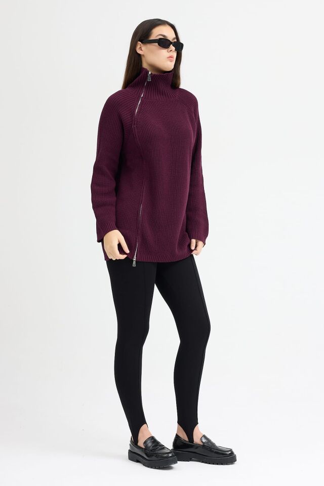 Bordo fermuarlı kazak